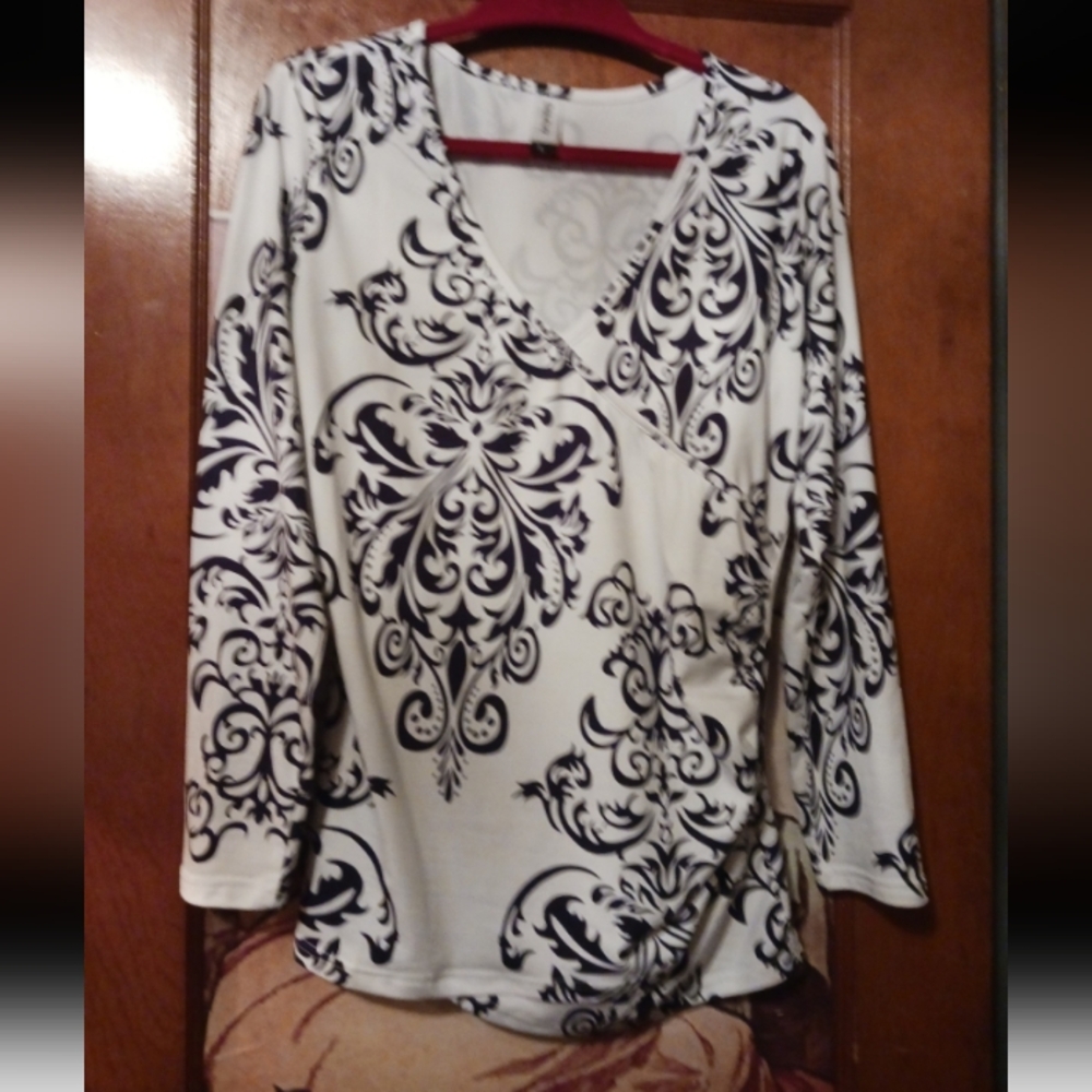 Elegant Black and White Wrap Look Top Large
